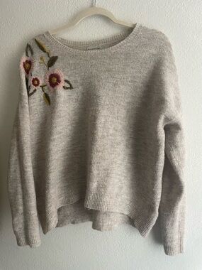Soft Cream Knit Sweater with Pink Floral Embroidery - Women